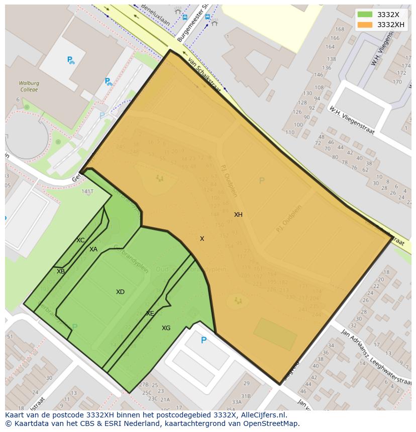 Afbeelding van het postcodegebied 3332 XH op de kaart.