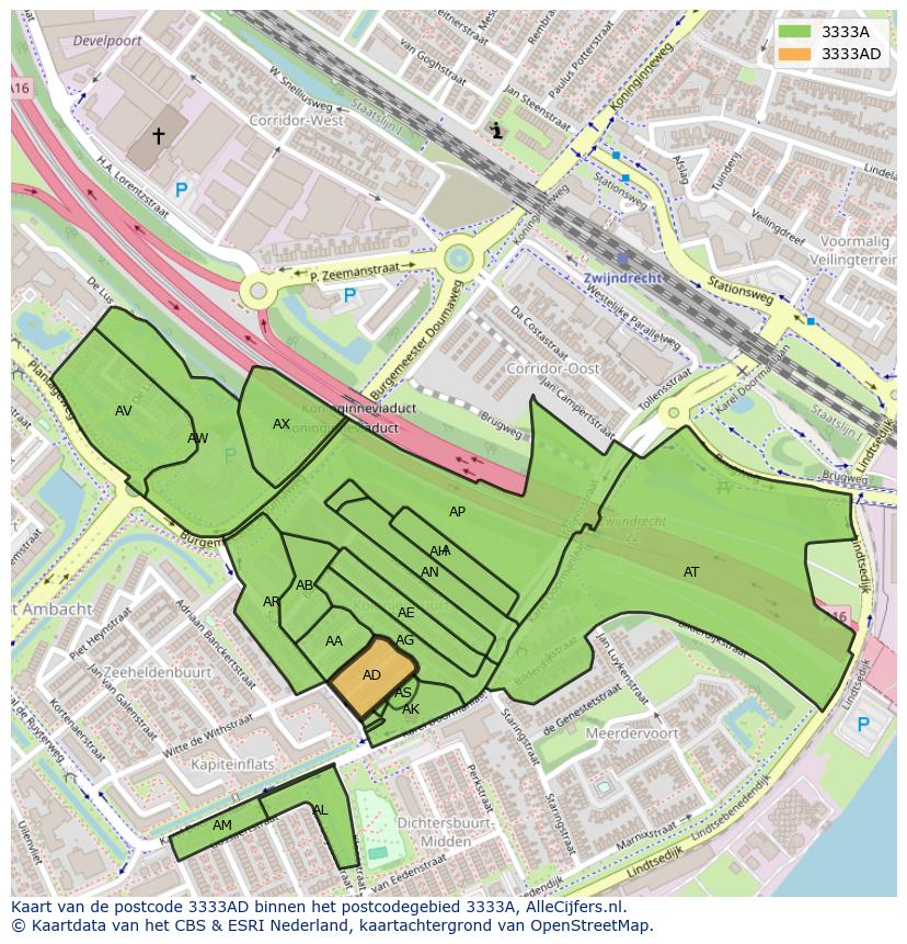 Afbeelding van het postcodegebied 3333 AD op de kaart.