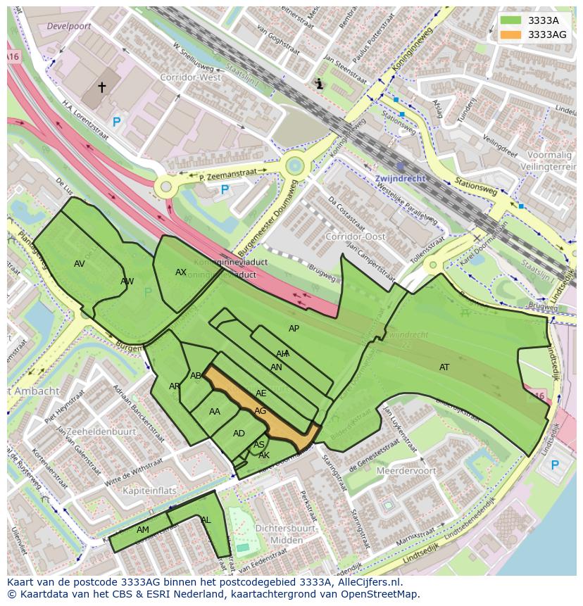 Afbeelding van het postcodegebied 3333 AG op de kaart.