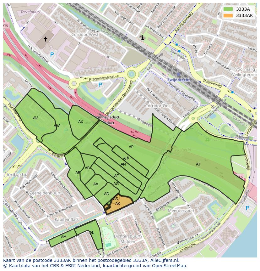 Afbeelding van het postcodegebied 3333 AK op de kaart.