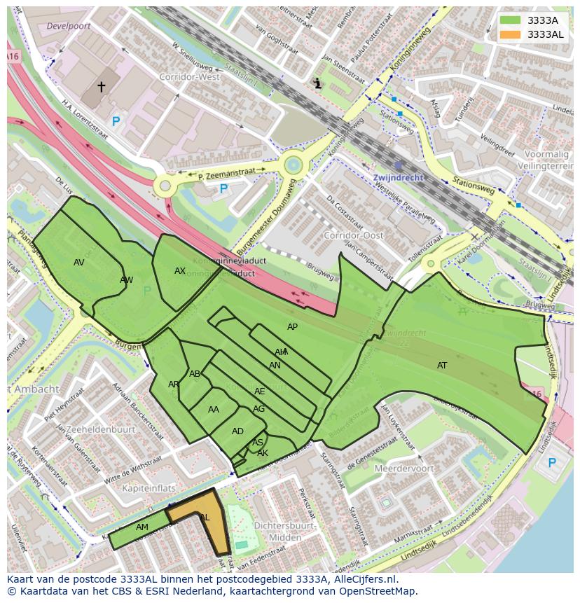 Afbeelding van het postcodegebied 3333 AL op de kaart.
