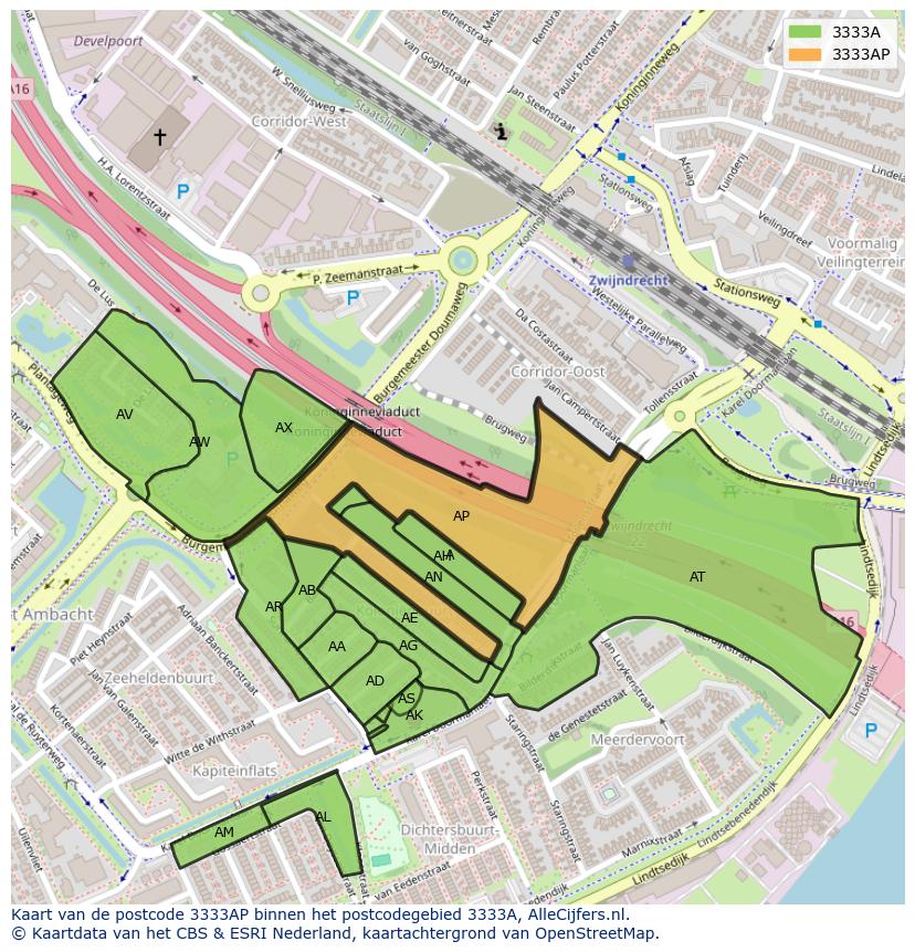 Afbeelding van het postcodegebied 3333 AP op de kaart.