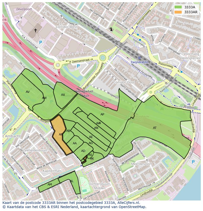 Afbeelding van het postcodegebied 3333 AR op de kaart.