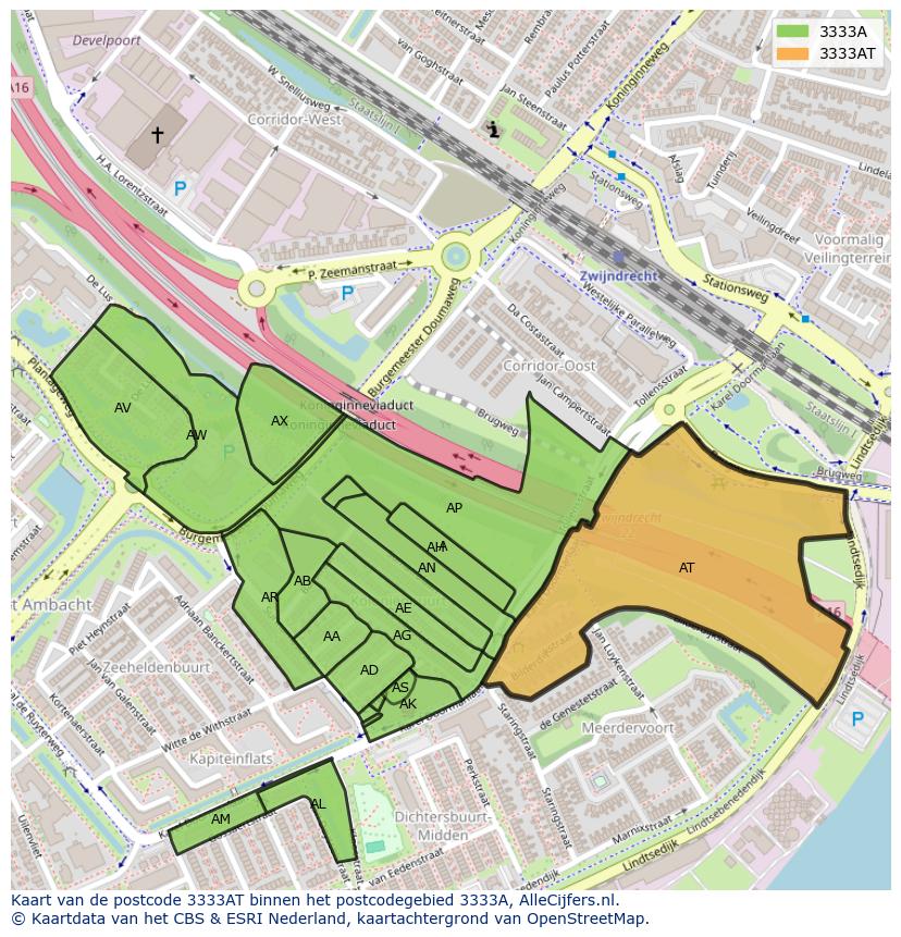 Afbeelding van het postcodegebied 3333 AT op de kaart.