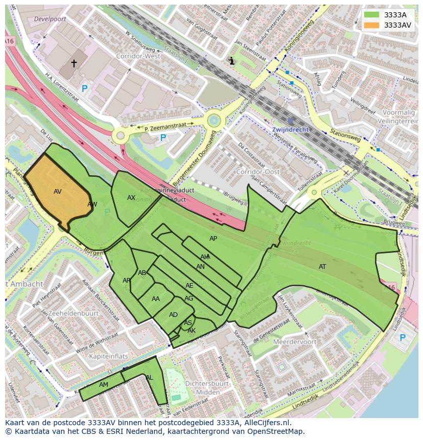 Afbeelding van het postcodegebied 3333 AV op de kaart.