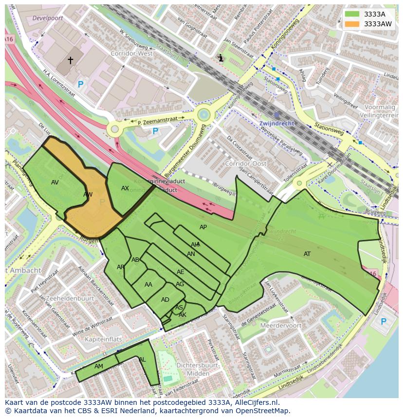 Afbeelding van het postcodegebied 3333 AW op de kaart.