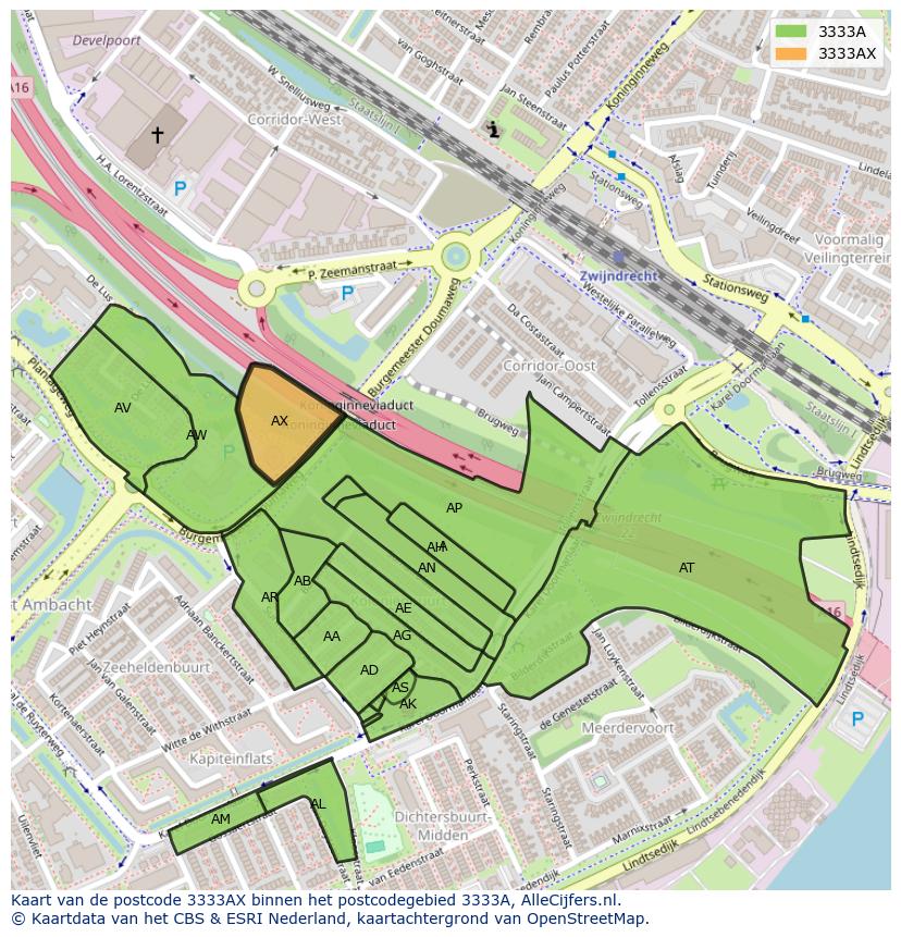 Afbeelding van het postcodegebied 3333 AX op de kaart.