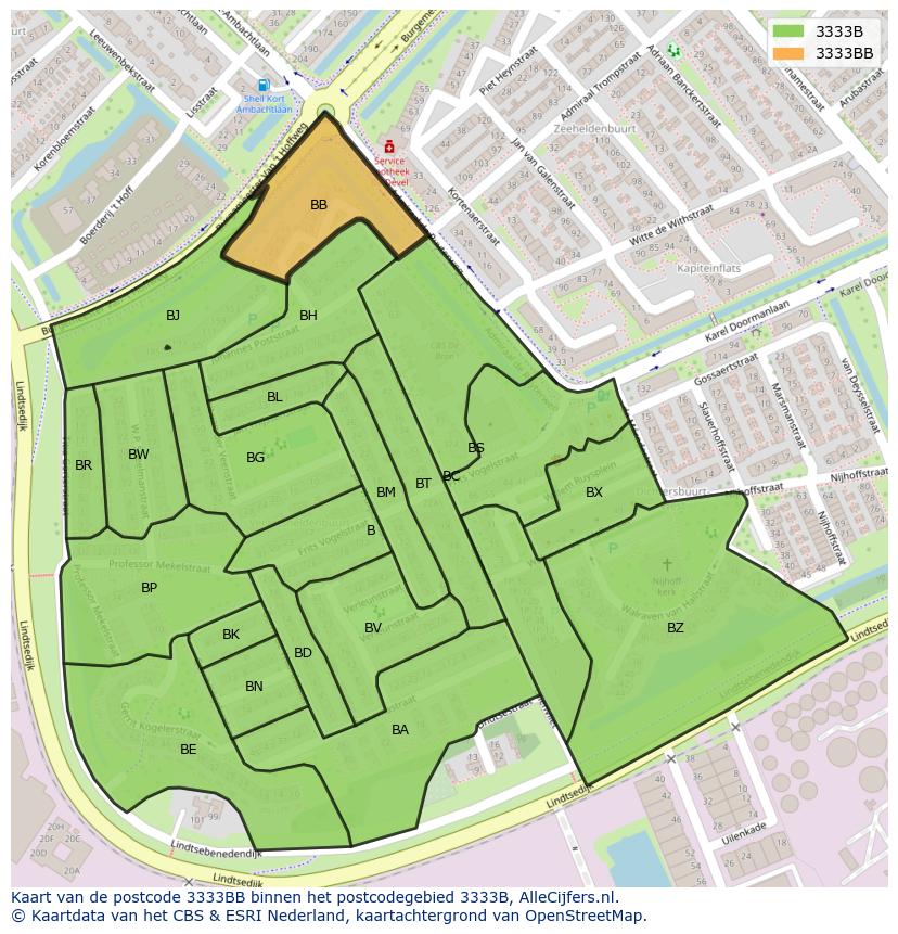 Afbeelding van het postcodegebied 3333 BB op de kaart.