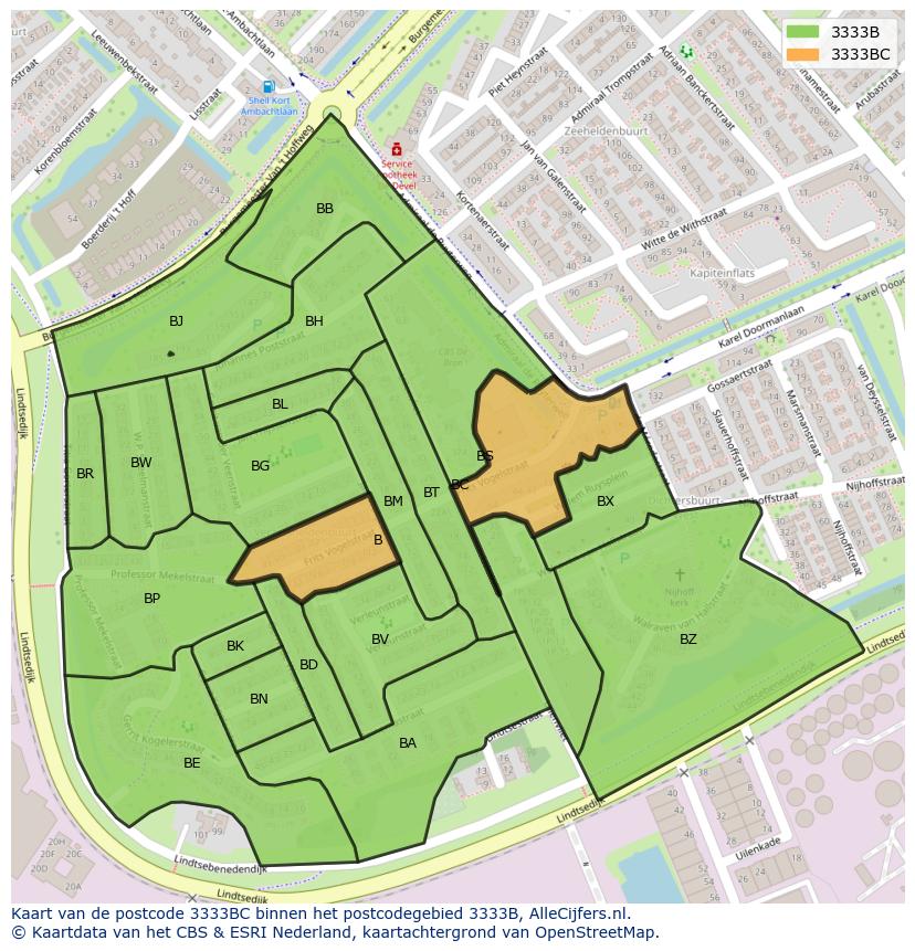 Afbeelding van het postcodegebied 3333 BC op de kaart.