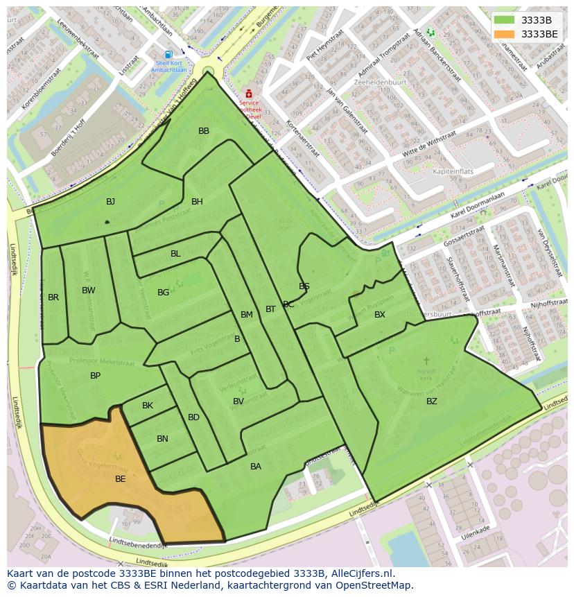 Afbeelding van het postcodegebied 3333 BE op de kaart.
