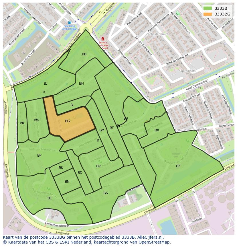 Afbeelding van het postcodegebied 3333 BG op de kaart.