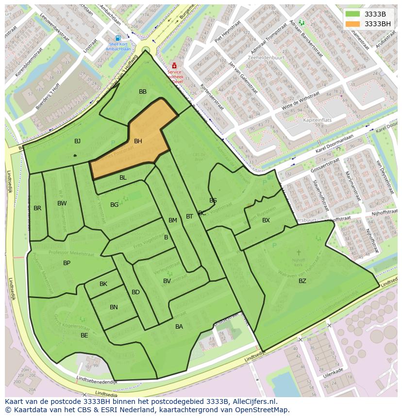 Afbeelding van het postcodegebied 3333 BH op de kaart.