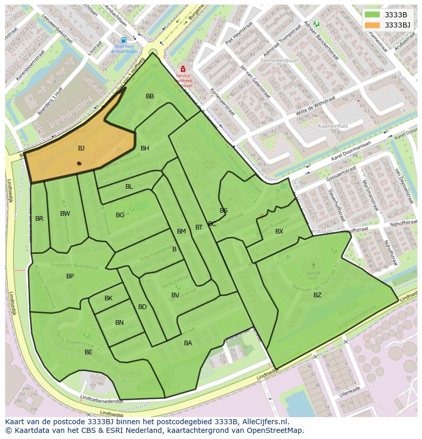 Afbeelding van het postcodegebied 3333 BJ op de kaart.
