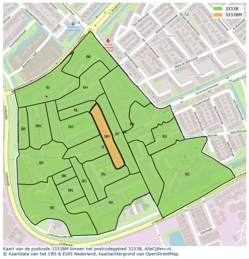 Afbeelding van het postcodegebied 3333 BM op de kaart.