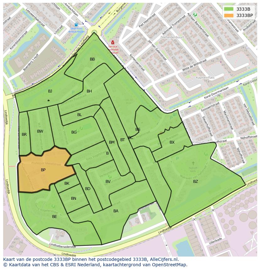 Afbeelding van het postcodegebied 3333 BP op de kaart.
