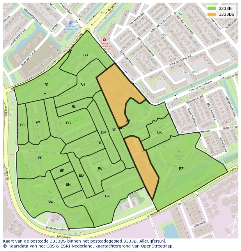 Afbeelding van het postcodegebied 3333 BS op de kaart.