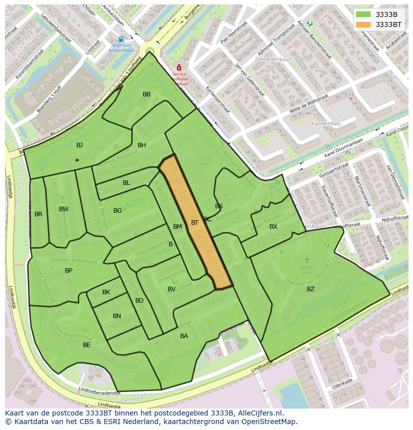 Afbeelding van het postcodegebied 3333 BT op de kaart.