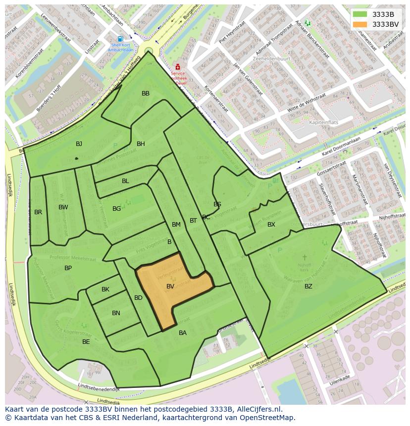 Afbeelding van het postcodegebied 3333 BV op de kaart.