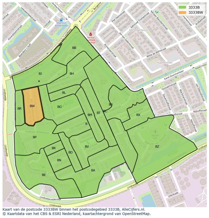 Afbeelding van het postcodegebied 3333 BW op de kaart.