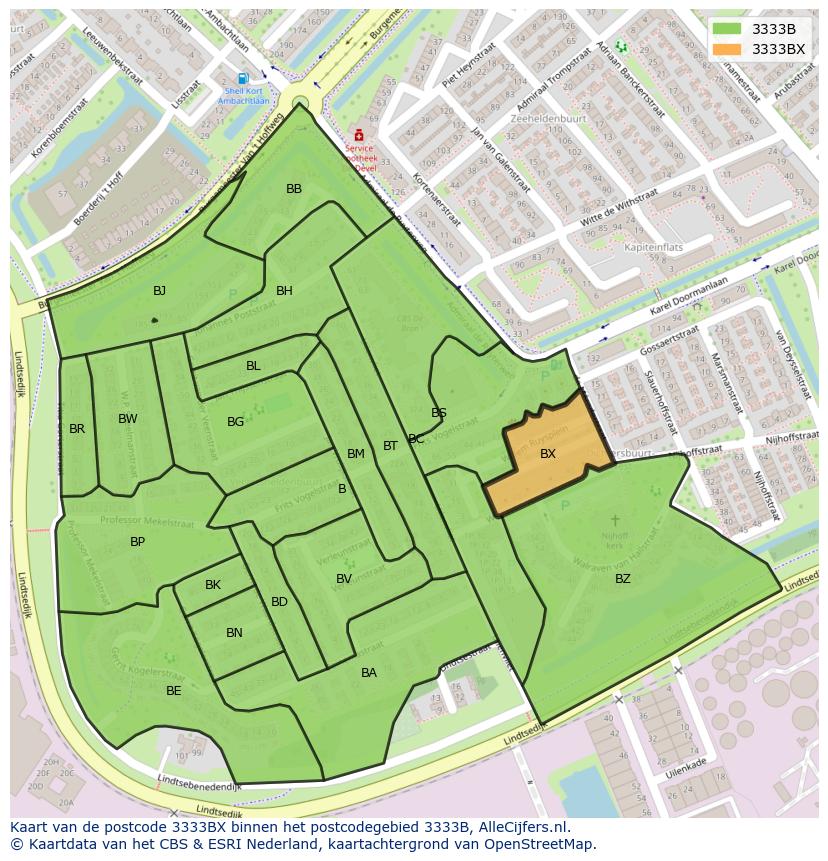 Afbeelding van het postcodegebied 3333 BX op de kaart.