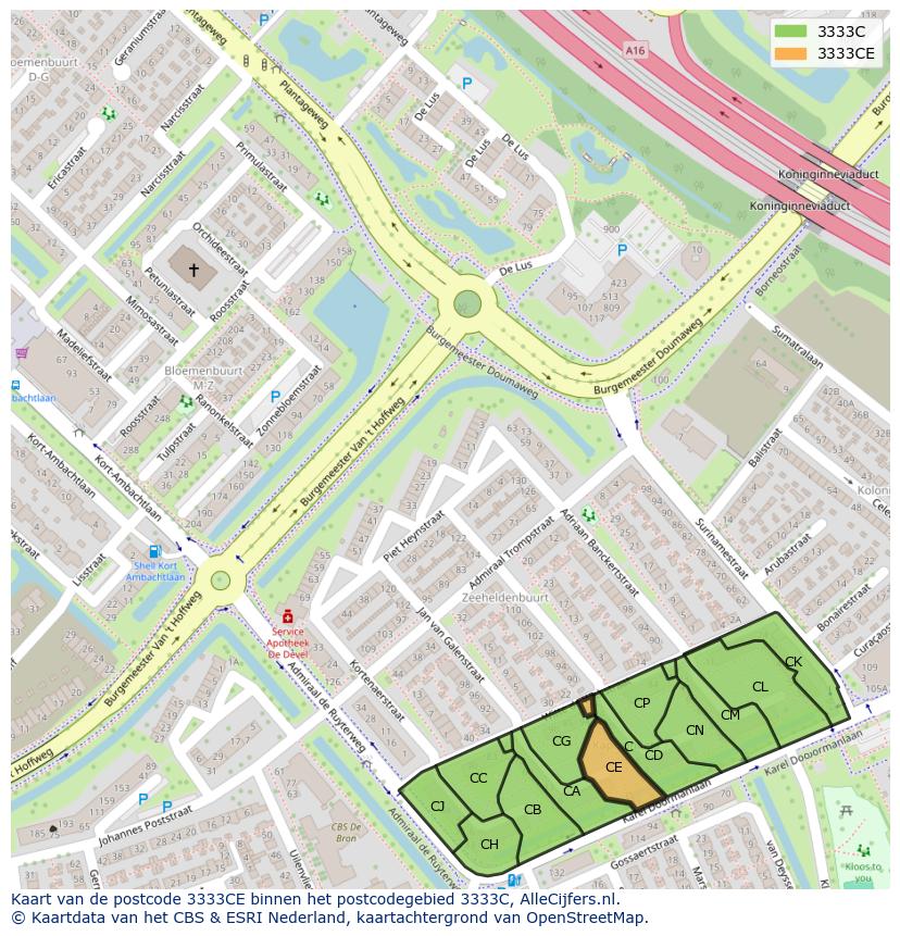 Afbeelding van het postcodegebied 3333 CE op de kaart.