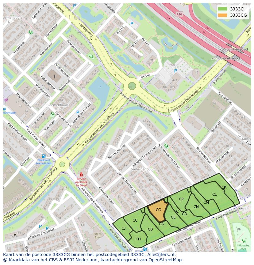 Afbeelding van het postcodegebied 3333 CG op de kaart.