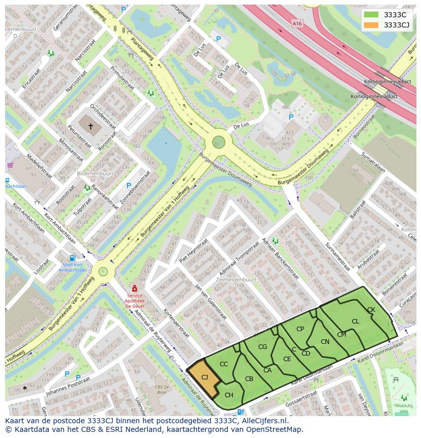 Afbeelding van het postcodegebied 3333 CJ op de kaart.