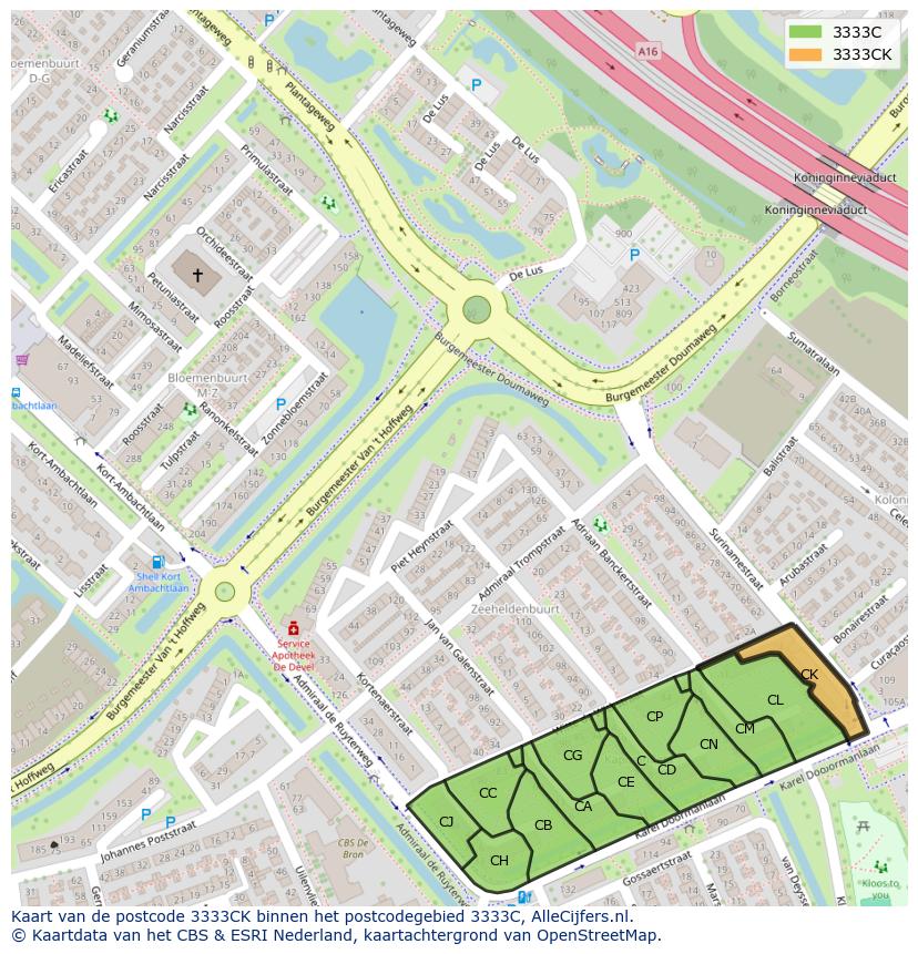 Afbeelding van het postcodegebied 3333 CK op de kaart.