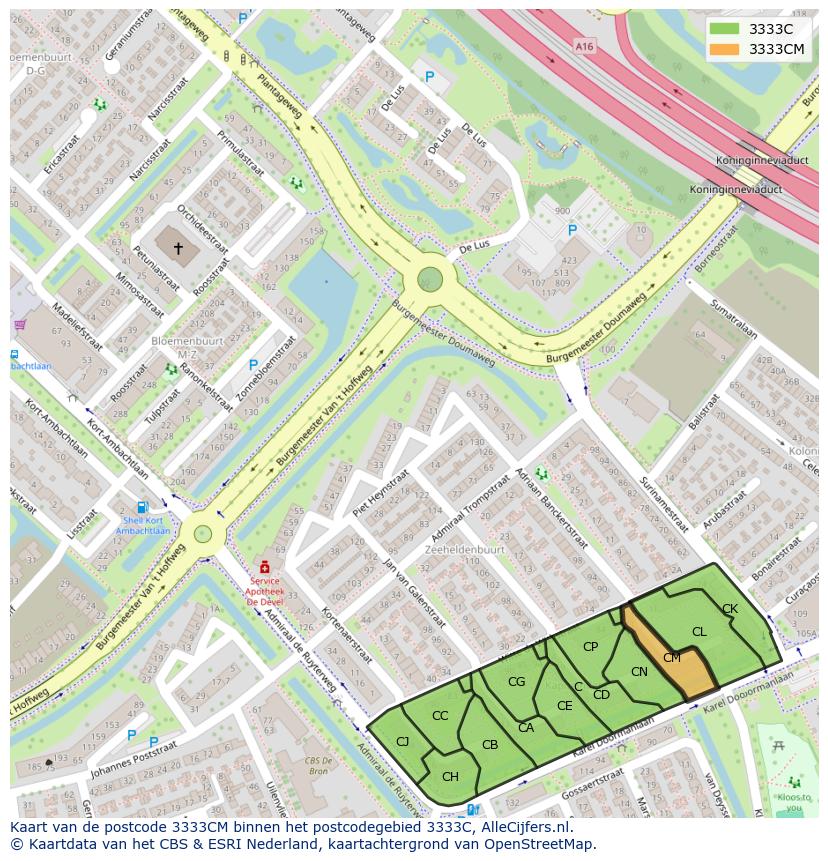 Afbeelding van het postcodegebied 3333 CM op de kaart.