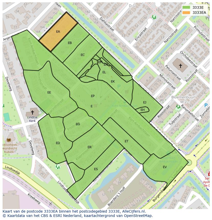 Afbeelding van het postcodegebied 3333 EA op de kaart.