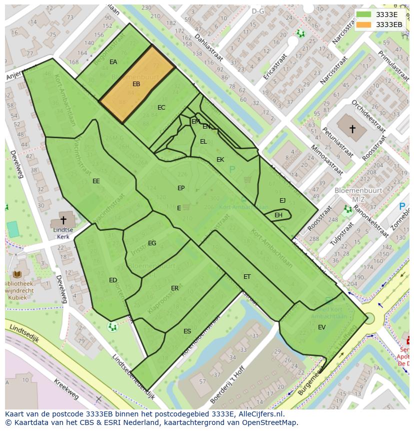 Afbeelding van het postcodegebied 3333 EB op de kaart.