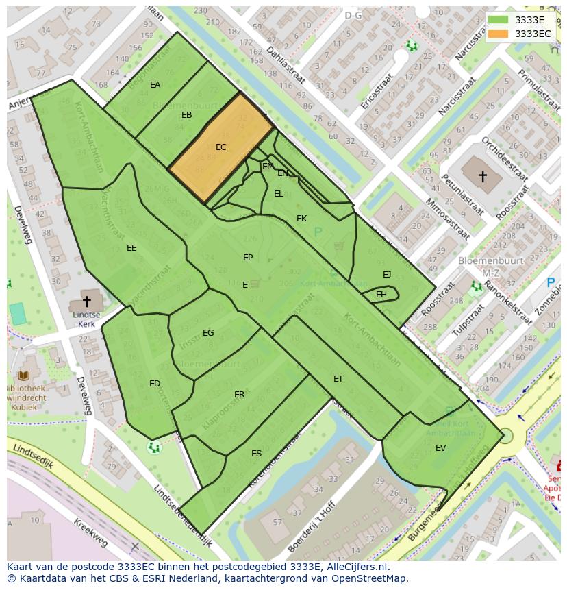 Afbeelding van het postcodegebied 3333 EC op de kaart.