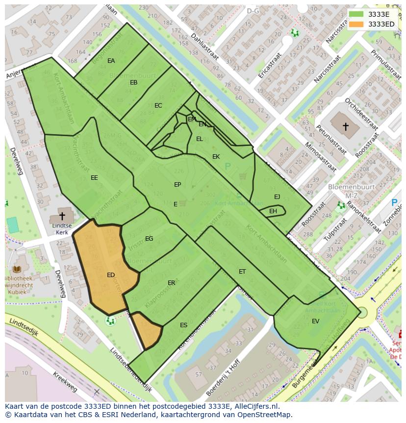 Afbeelding van het postcodegebied 3333 ED op de kaart.