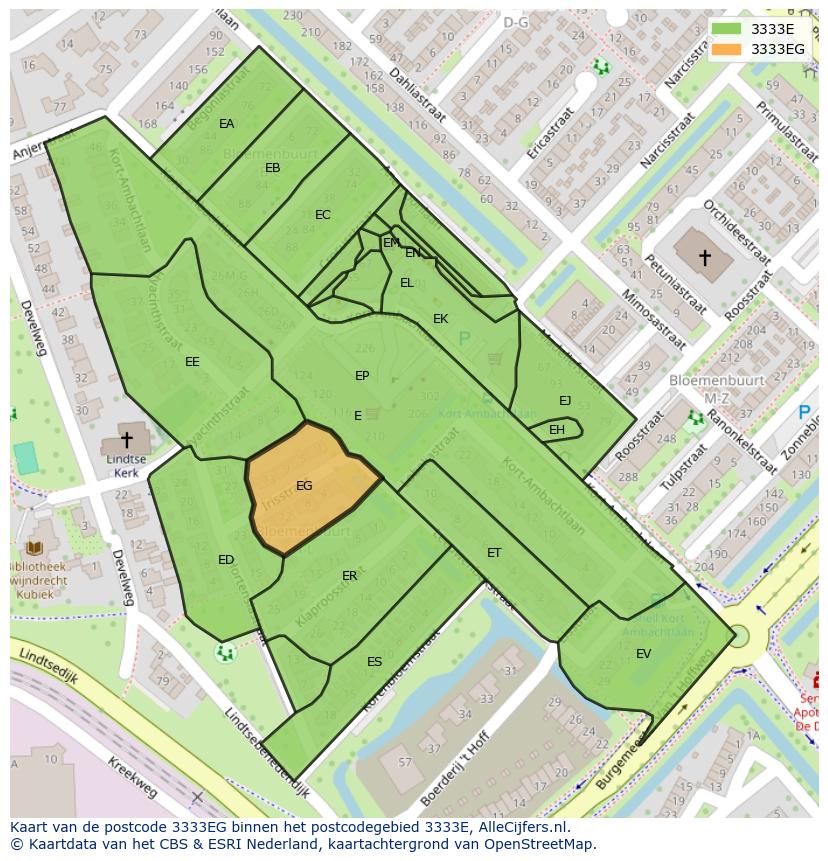 Afbeelding van het postcodegebied 3333 EG op de kaart.