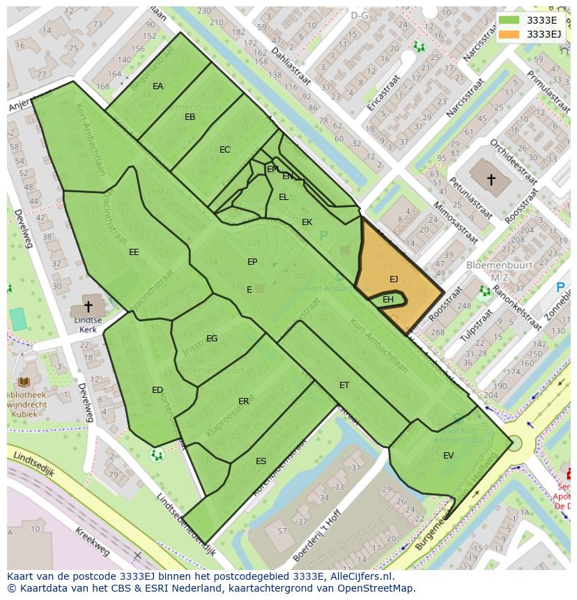 Afbeelding van het postcodegebied 3333 EJ op de kaart.