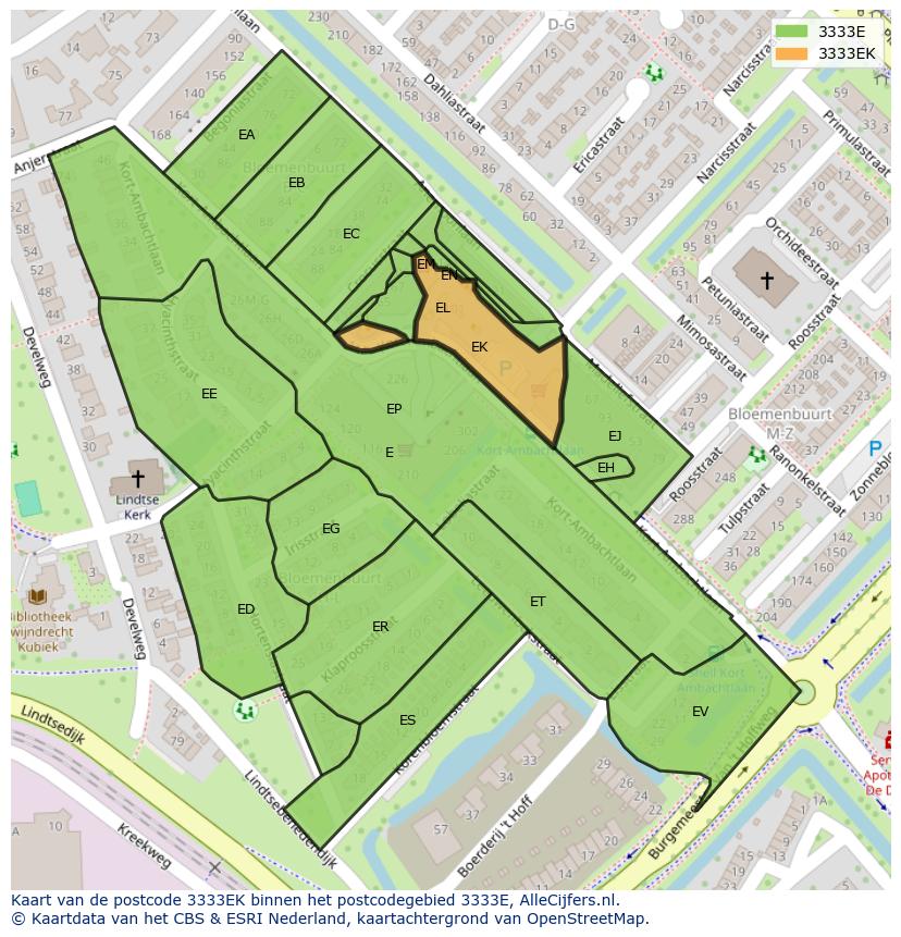 Afbeelding van het postcodegebied 3333 EK op de kaart.