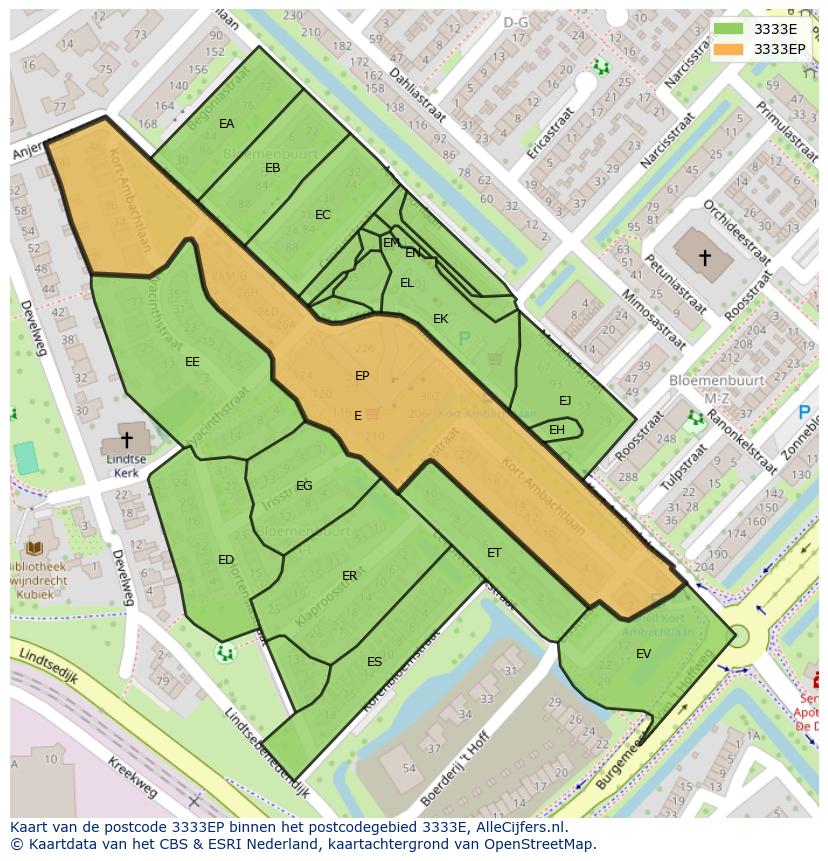 Afbeelding van het postcodegebied 3333 EP op de kaart.