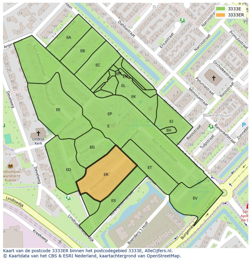 Afbeelding van het postcodegebied 3333 ER op de kaart.
