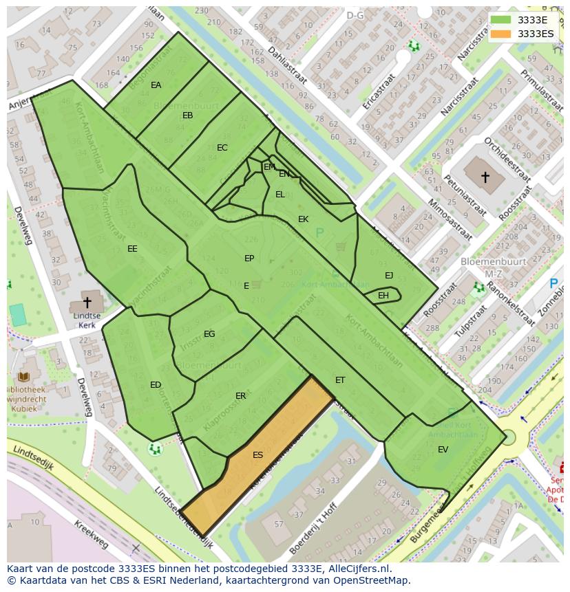 Afbeelding van het postcodegebied 3333 ES op de kaart.
