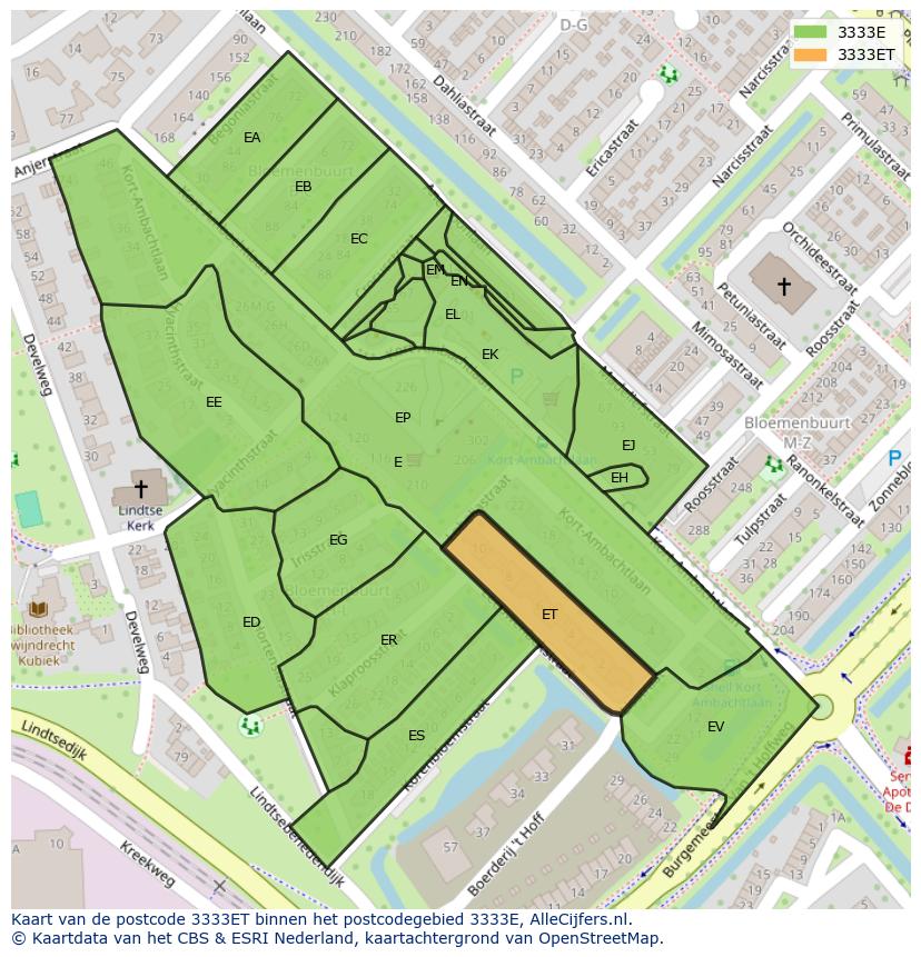 Afbeelding van het postcodegebied 3333 ET op de kaart.