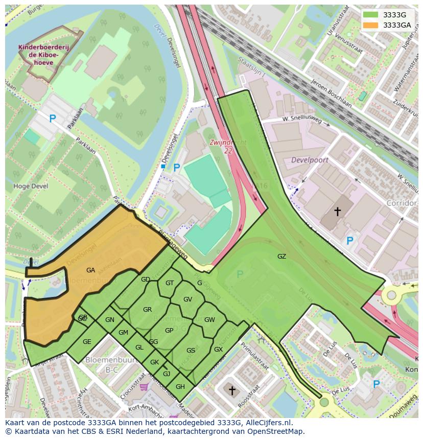 Afbeelding van het postcodegebied 3333 GA op de kaart.