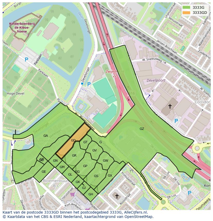 Afbeelding van het postcodegebied 3333 GD op de kaart.