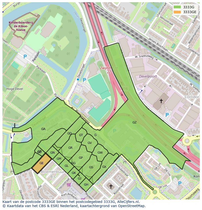 Afbeelding van het postcodegebied 3333 GE op de kaart.