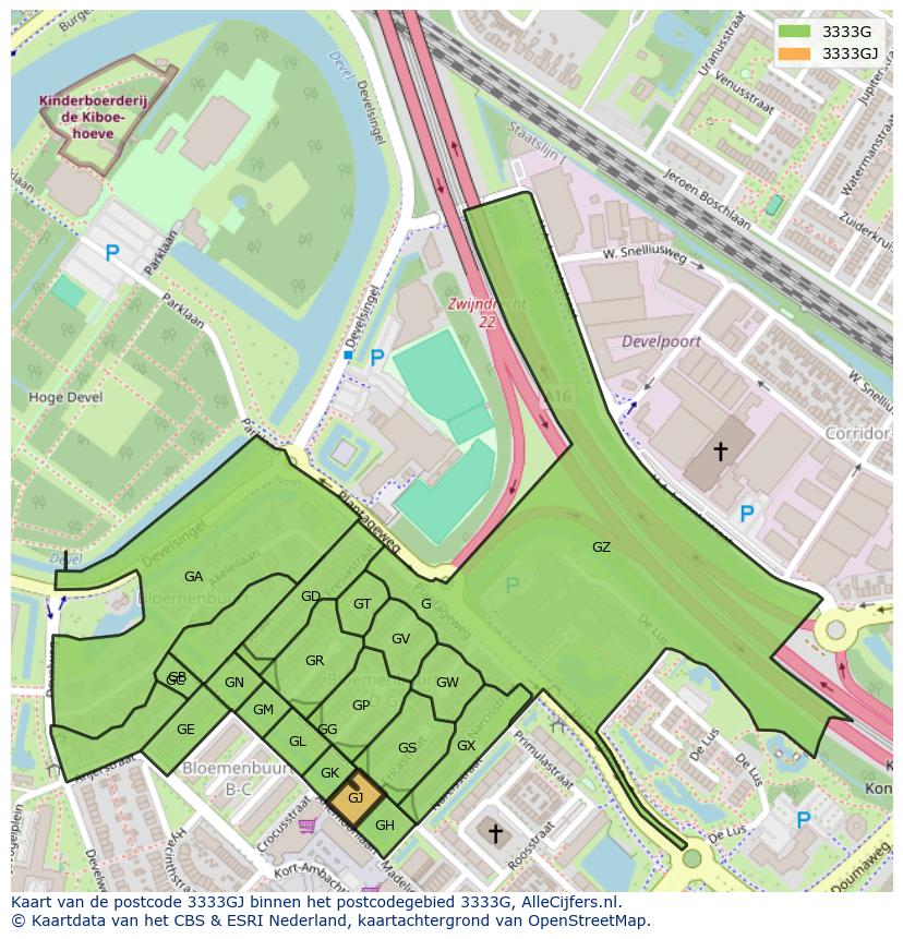 Afbeelding van het postcodegebied 3333 GJ op de kaart.