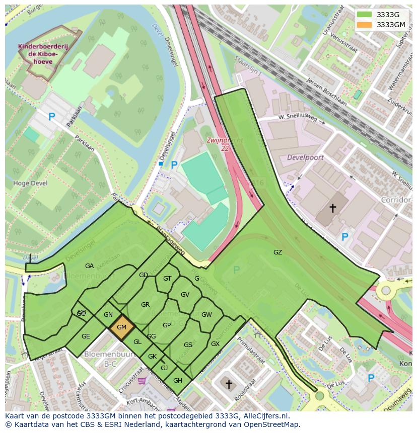 Afbeelding van het postcodegebied 3333 GM op de kaart.