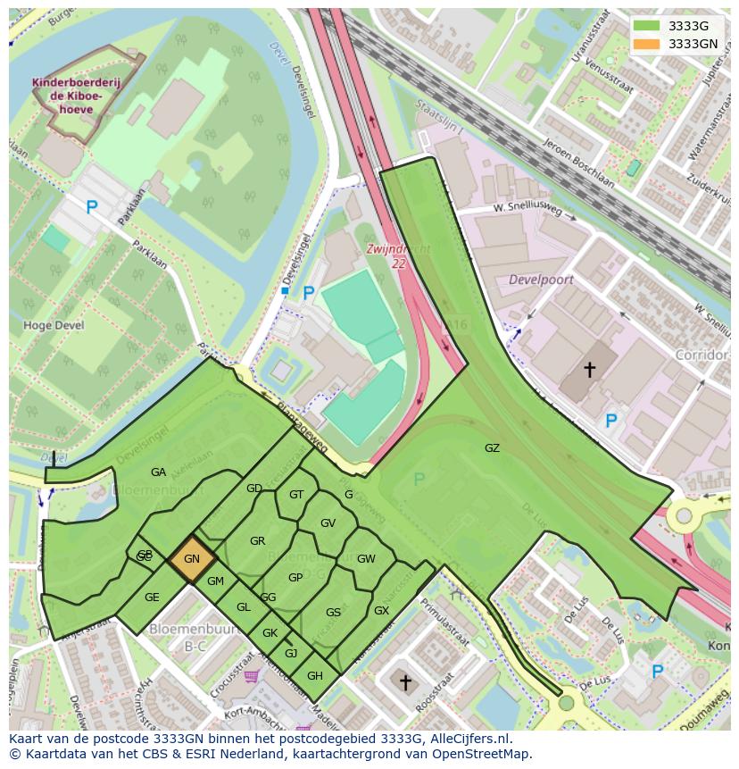 Afbeelding van het postcodegebied 3333 GN op de kaart.