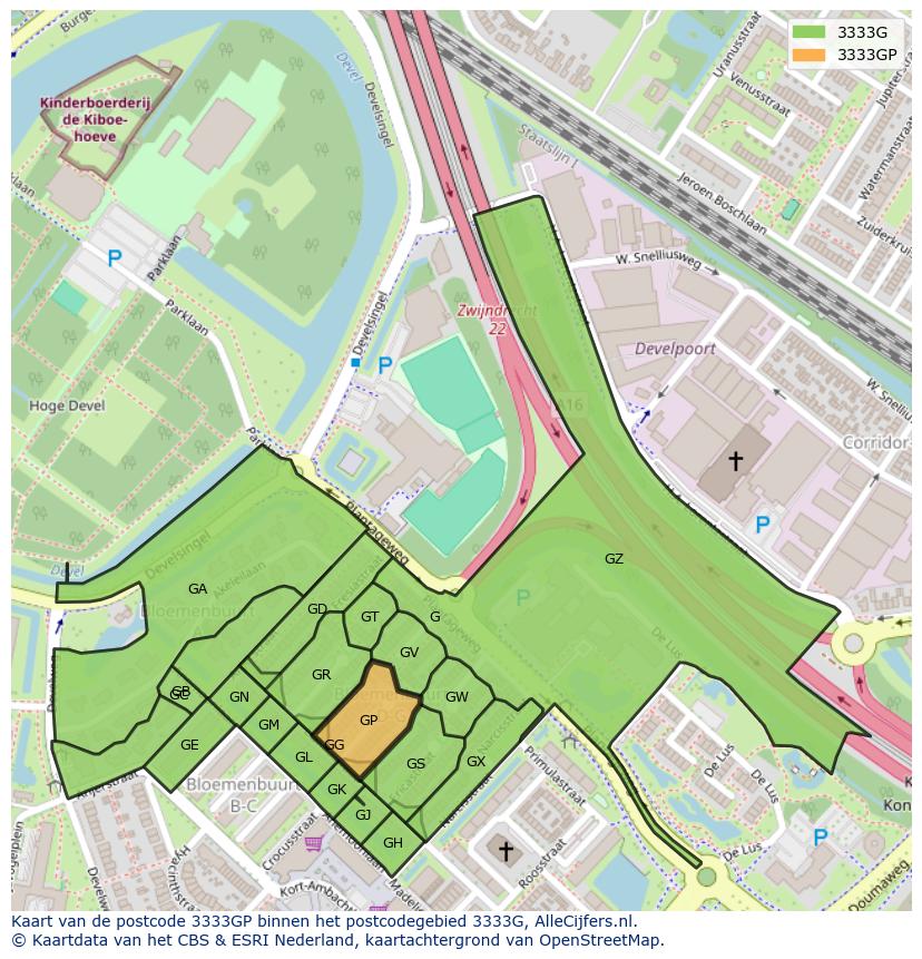 Afbeelding van het postcodegebied 3333 GP op de kaart.