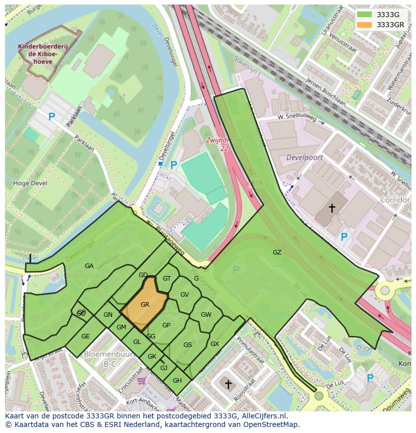 Afbeelding van het postcodegebied 3333 GR op de kaart.