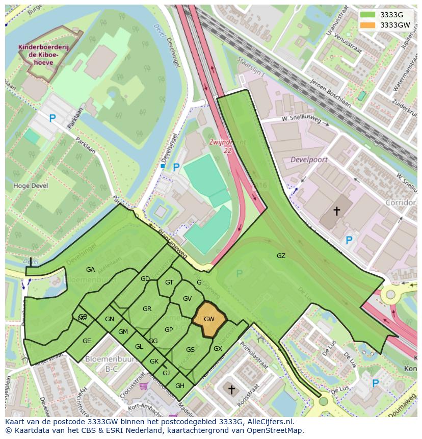 Afbeelding van het postcodegebied 3333 GW op de kaart.