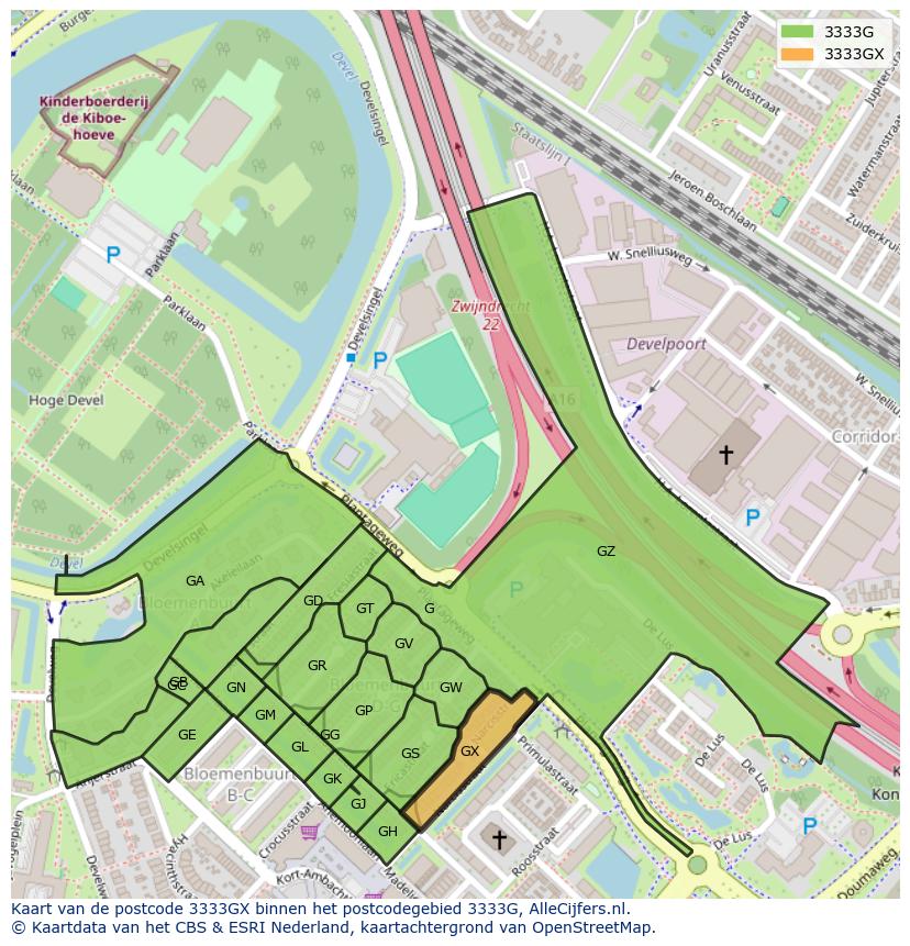 Afbeelding van het postcodegebied 3333 GX op de kaart.